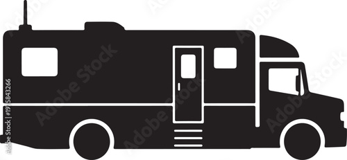 Black RV, motorhome, camper van, recreational vehicle silhouette, travel trailer icon