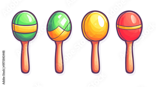 Four colorful cartoon maracas with different colored heads and wooden handles on a white background