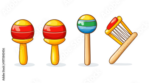 A collection of four brightly colored, cartoon-style objects, including musical instruments and a brush