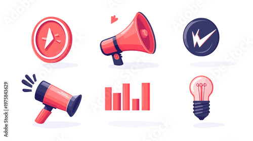 Set of six colorful vector icons compass, megaphone, checkmark, graph, and lightbulb on a white backdrop
