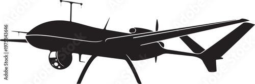 Black drone vector, silhouette aircraft icon, flying robot, unmanned aerial vehicle