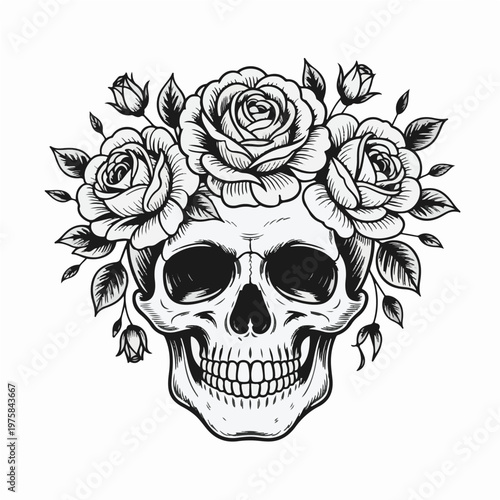 Skull with Rose Crown Vector Illustration – Floral Gothic Tattoo Style Design