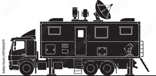 Mobile office truck, satellite vehicle, black line art, vector illustration, communication truck