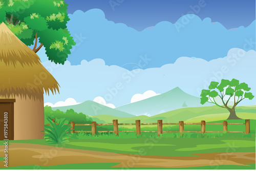 Peaceful countryside scene with a thatched roof hut and green hills