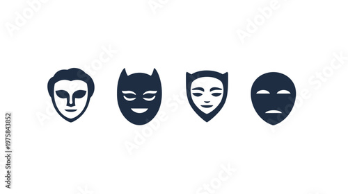 Four stylized mask illustrations a human face, a bat-like mask, a cat-like mask, and a sad face