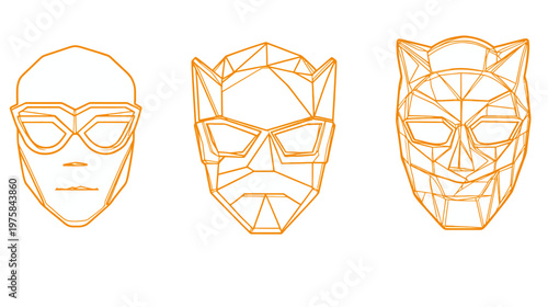 Three geometric faces in orange outline, various designs. Different shapes and lines make up each mask