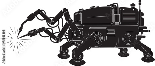 Industrial robot, welding machine, mechanical arm, black vector icon