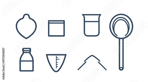 Collection of laboratory glassware and tools, outlined with a deep blue color, placed on a white background