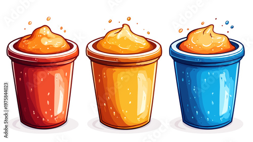 A vibrant digital illustration showcases three colorful cups filled with an orange creamy substance