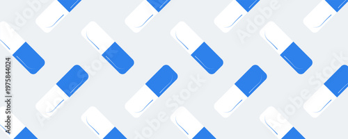 Seamless geometric pattern featuring blue and white medical capsules and pill supplement icons