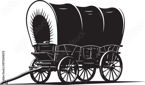 Vintage Covered Wagon, Conestoga Style, Black Vector Illustration, Isolated on White, Transportation Icon