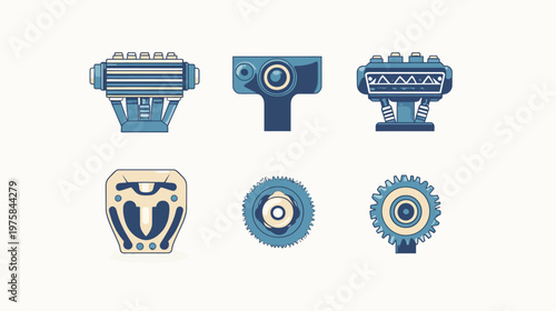 Six isolated mechanical components in a flat design illustration style, set against a plain background