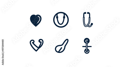 Collection of six navy blue icons on a white background, including a heart, stethoscope, and dumbbell