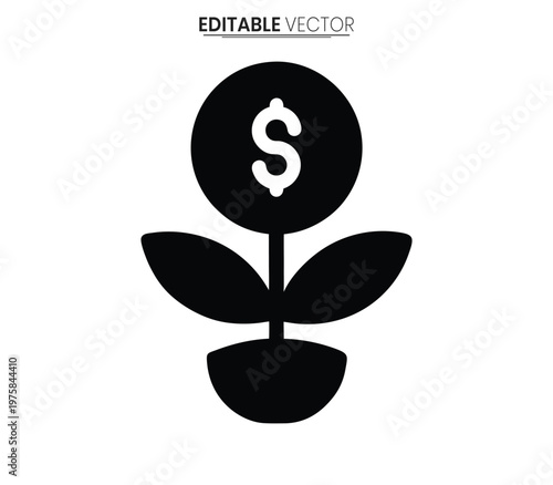 A stylized plant growing from a coin representing financial growth a bold silhouette