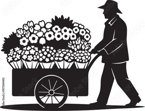 Black silhouette of a florist pushing a cart full of flowers, vector illustration, monochrome style, gardening concept