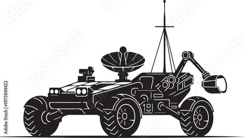 Black, futuristic rover vehicle, satellite dish, robotic arm, space exploration