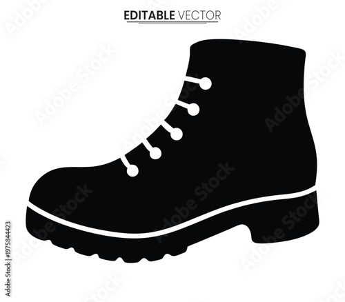 A minimalist depiction of a black leather boot isolated on a white background silhouette