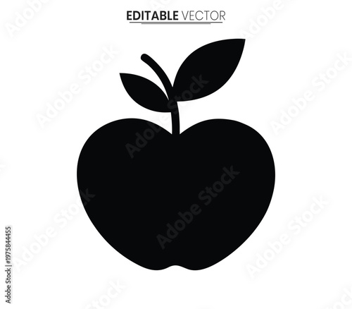 Simple black apple graphic with a stem and leaf a minimalist silhouette