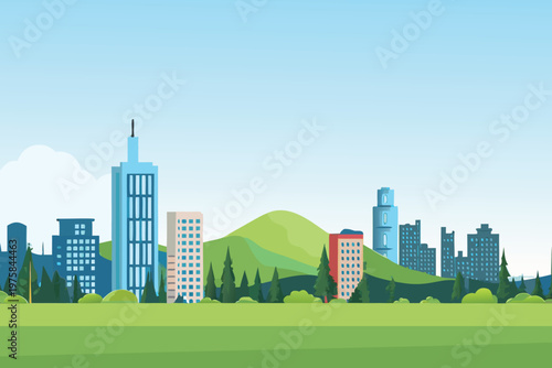 A vibrant cityscape illustration with green hills and blue sky
