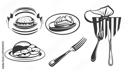 Black and white illustration of various food items, utensils, and a chef's hat, over white background