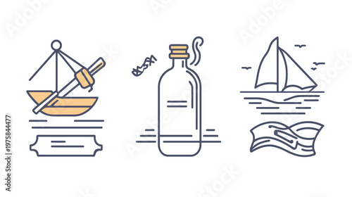 Three stylized nautical icons a sailboat, bottle with smoke, and a sailboat on water