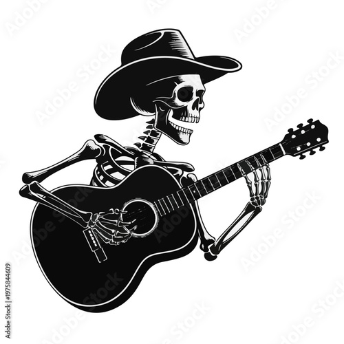 Skeleton Cowboy Playing Guitar Vector Illustration – Western Music Skull Silhouette
