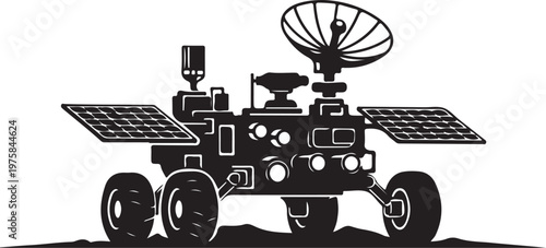 Space rover, lunar vehicle, solar panel, satellite dish, black and white vector