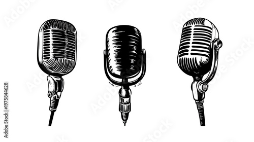Three vintage microphone illustrations in black and white, representing recording and broadcast
