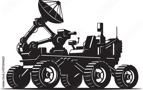 Black robotic rover vehicle, satellite dish antenna, industrial robot, space exploration