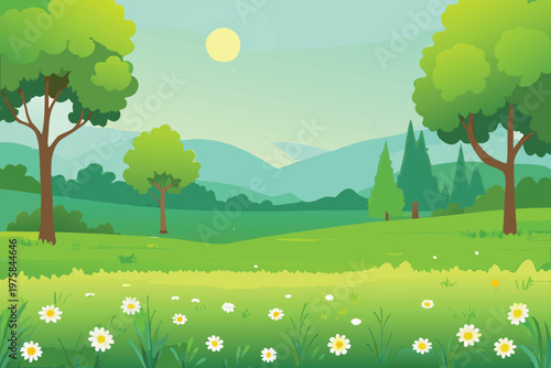 A serene landscape featuring green hills trees and a bright sun