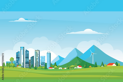 A vibrant cityscape meets rolling hills and clean energy sources