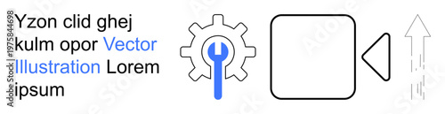 Technology, video editing, upgrade process, development tools, user interface, innovation. Gear with wrench, video camera graphic placeholder text and arrow icon. Technology and video editing