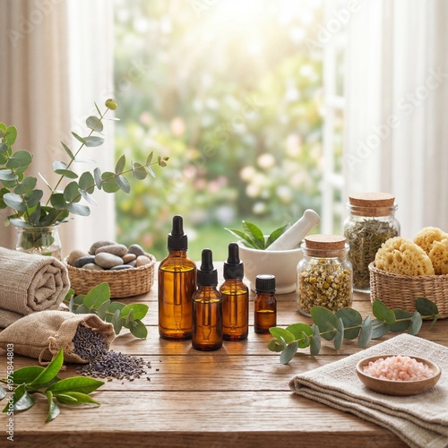 Natural spa setting with essential oils and herbal ingredients in soft sunlight