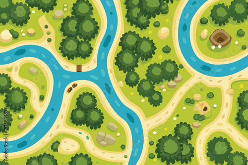 Aerial view of a cartoon landscape with river trees and paths