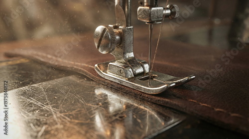 Close up of a sewing machine presser foot and needle stitching through genuine dark brown leather