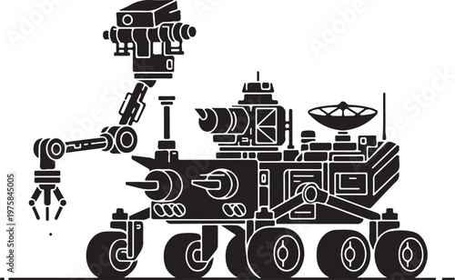 Robotic Mars Rover, Space Exploration Vehicle, Black and White Illustration, Robotic Arm