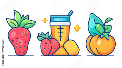 Colorful illustrated set with strawberry, cup, orange, leaves, and sparkles, against a white background