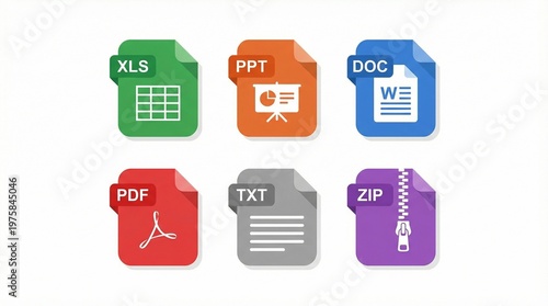 Color‑coded file type icons labeled XLS, PPT, DOC, PDF, TXT, ZIP, symbolizing digital formats and document organization.