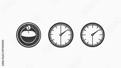 A circular icon featuring a sprout in a bowl, plus two clock icons with differing times