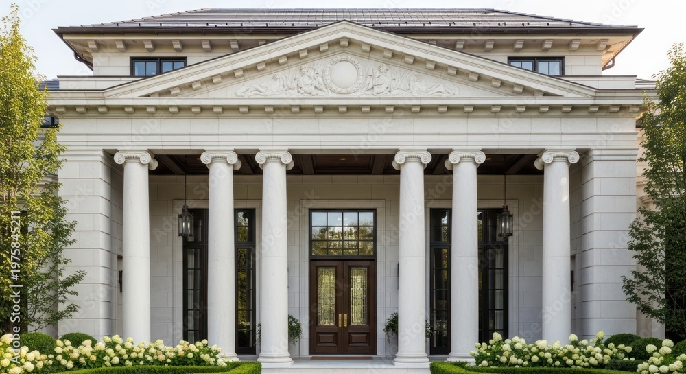 Fototapeta premium A grand, neoclassical mansion with a symmetrical facade, featuring a central portico supported by six columns and a pediment above.