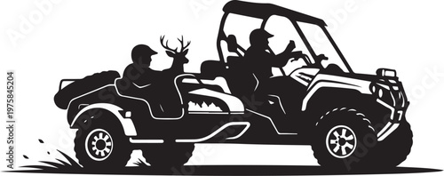 Off-road vehicle, safari adventure, deer hunting, outdoor excursion, silhouette illustration