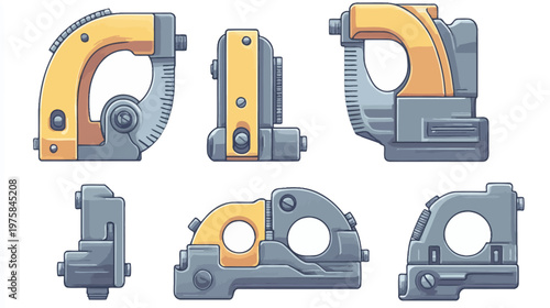 Pixelated illustration features six stylized tools with yellow and grey tones, isolated on white