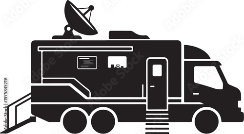 Black motorhome, recreational vehicle, RV icon, satellite dish, vector illustration