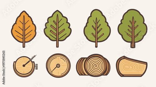 Stylized illustrations of leaves and cut logs in a flat, cartoonish style, set on a beige background
