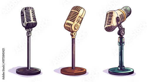 Three vintage-style microphones on stands, depicted in a digital illustrative style against a white background