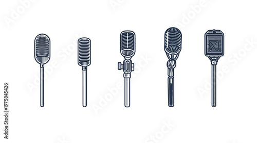 Black and white illustration of five retro microphones of various styles and designs