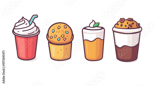 Four stylized cartoon beverages and a muffin, each in a different container, with whipped cream or topping