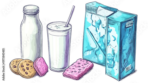 A hand-drawn illustration depicts a breakfast scene of milk, cookies, and a cereal box