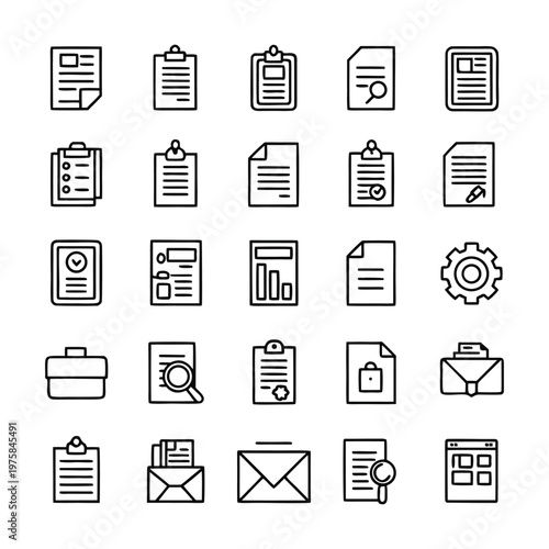 file, contract, invoice, document approval, analytics chart, envelope mail, notebook, certificate, paperwork, checklist and reports icons. Thin line editable stroke vector icon illustrations