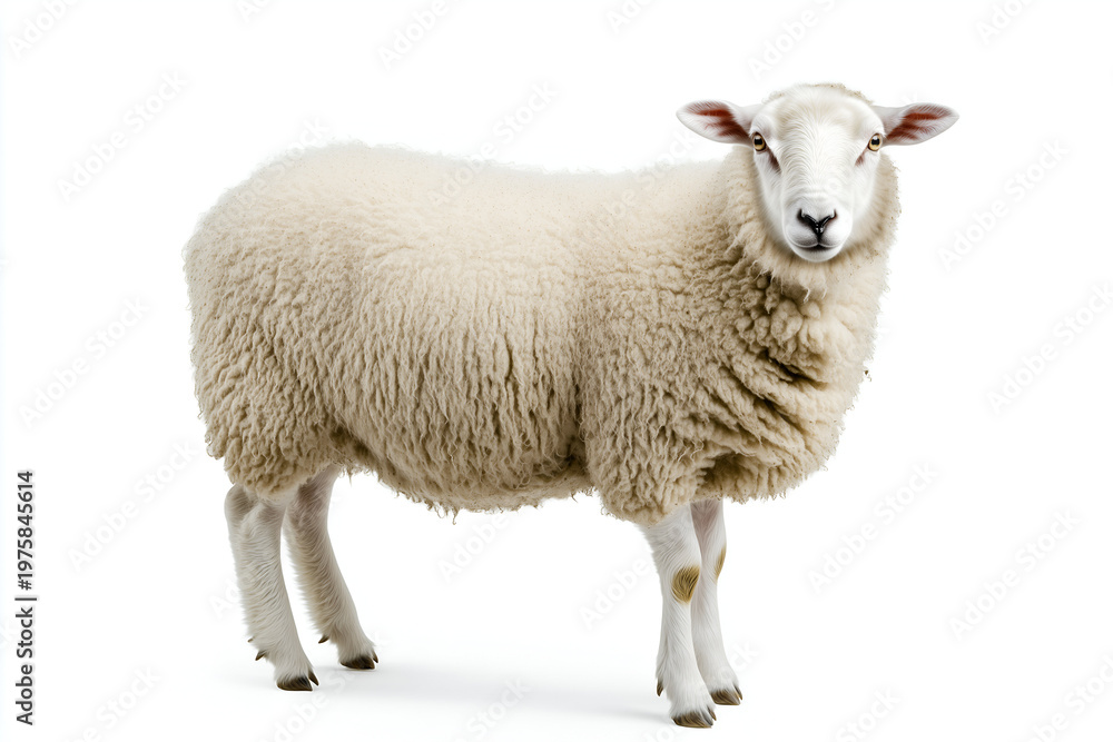 Fototapeta premium White woolly sheep standing isolated on a white background